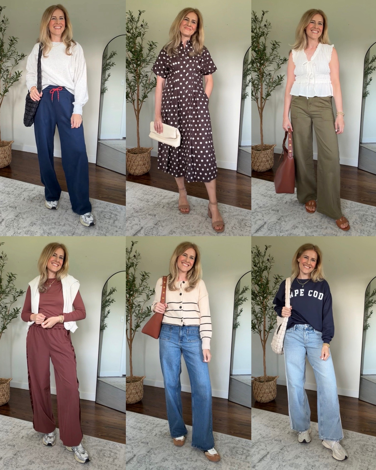 Walmart pre fall outfit ideas! I’m a size small/medium, here’s what I got: medium crewneck sweatshirt, medium navy wide pants, medium polka dot dress, small ruched bow detail top, small olive pants, medium brown tee and medium brown pants, small stripe cardigan, size 6 patch pocket jeans, size medium cape cod sweatshirt, size 6 jeans. #walmartfashion #walmartfinds

#LTKOver40