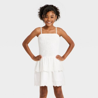 Girls' Smocked Tiered Eyelet Dress - art class™ White L | Target