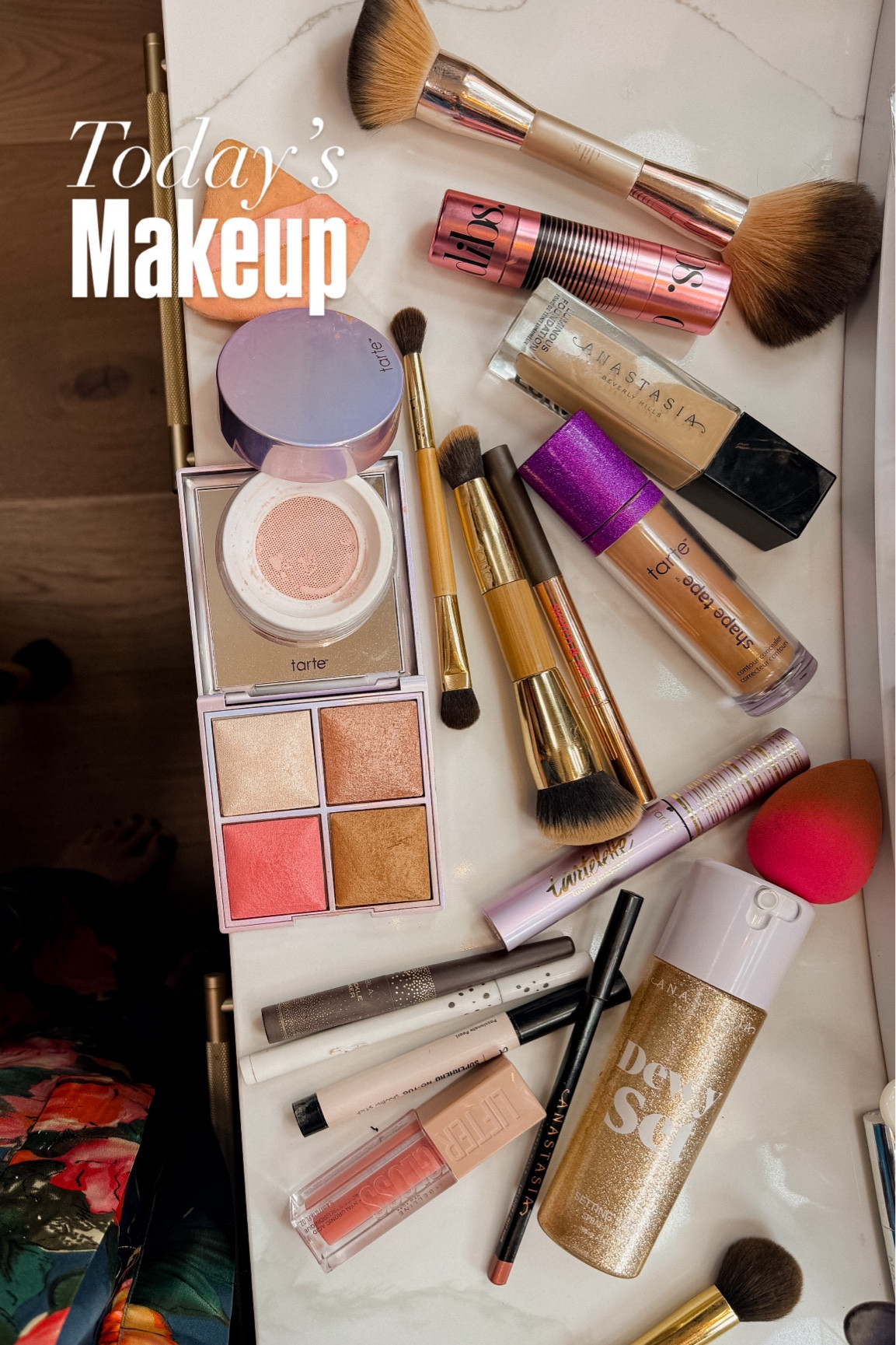 From the top:
Dibs shade “Retrograde Rose” 
ABH Foundation: 315N
Tarte Shape Tape: 35N Medium
Tarte Creasless Setting Powder: Pink
Tarte Glow Squad Quad: Vol II
Tarte Sketch & Set Brow: Dark Brown
Tubing Mascara: Black
2 freckle Pens
IT Shadow Stick: Passionate Pearl
ABH Lip Liner: Deep Taupe
Maybelline Lifter Gloss: Reef

#LTKFindsUnder50 #LTKBeauty #LTKMidsize