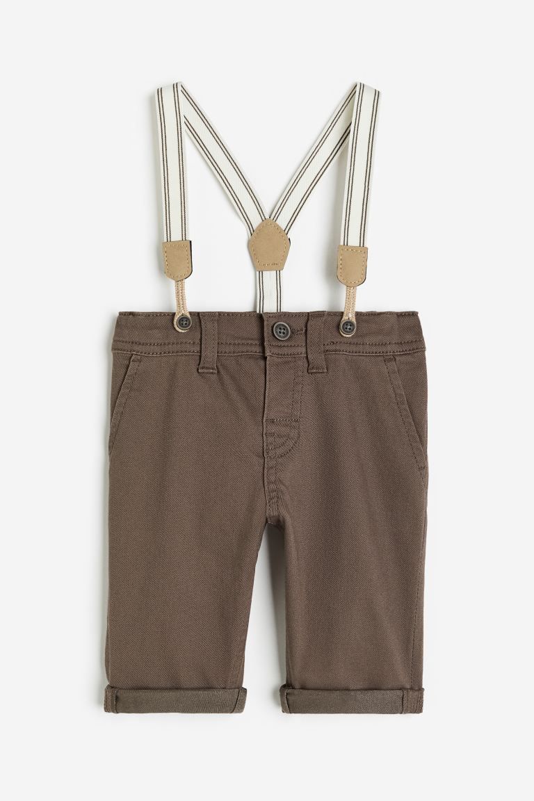Twill Pants with Suspenders - Brown - Kids | H&M US | H&M (US)