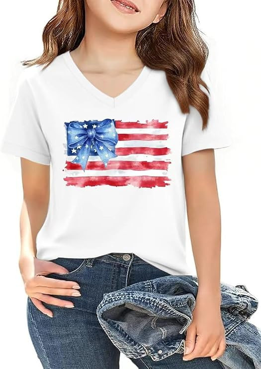 V-Neck American Flag 4th of July Shirt for Girls Kids Summer Independence Day Bow Printed Graphic... | Amazon (US)