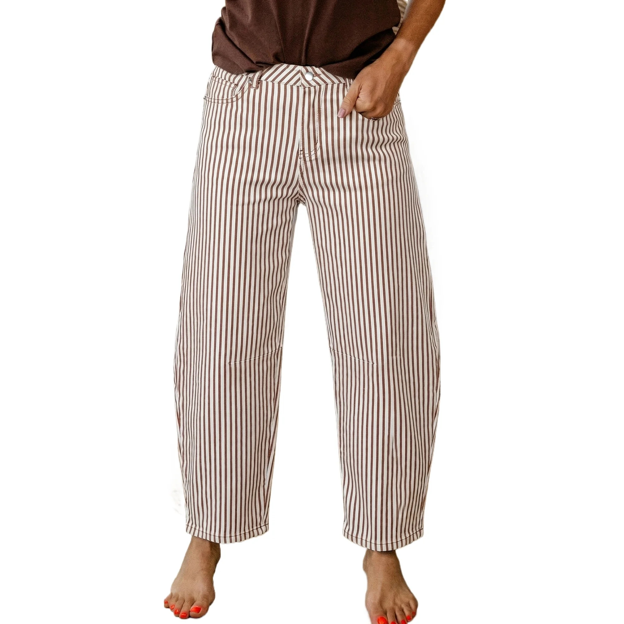 Women's Brown Stripe Barrel Jeans – High Waist Casual Denim Trousers for Daily Wear, 16 | Walmart (US)