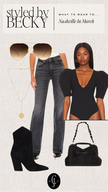 Styled by Becky outfit inspiration for Nashville in March. Bodysuit, jeans, booties, clutch, necklace sunglasses. Cella Jane. #outfitinspiration

#LTKstyletip #LTKtravel
