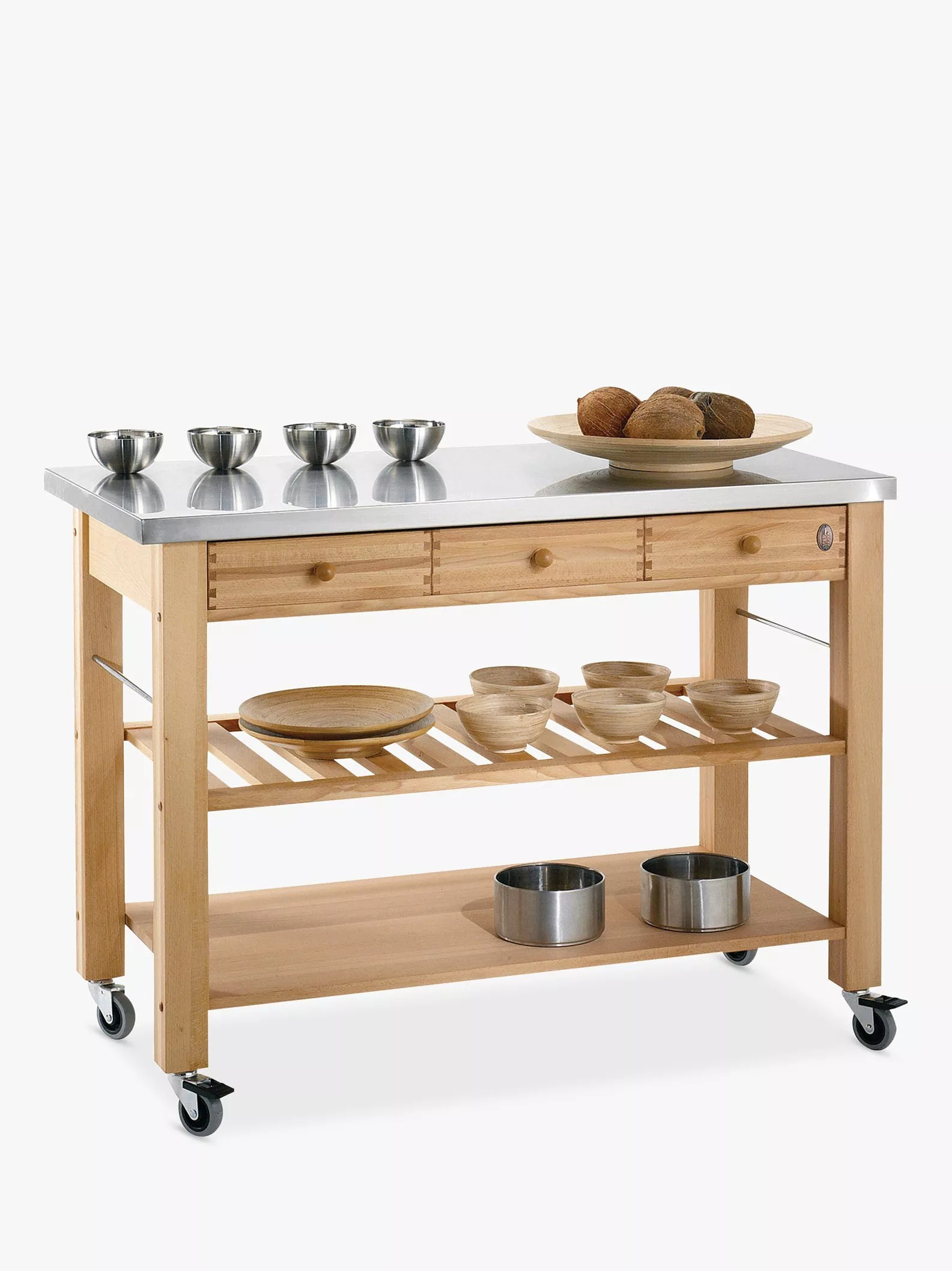 Lambourn 3 Drawer Beech Wood Butchers Trolley with Stainless Steel Top | John Lewis (UK)