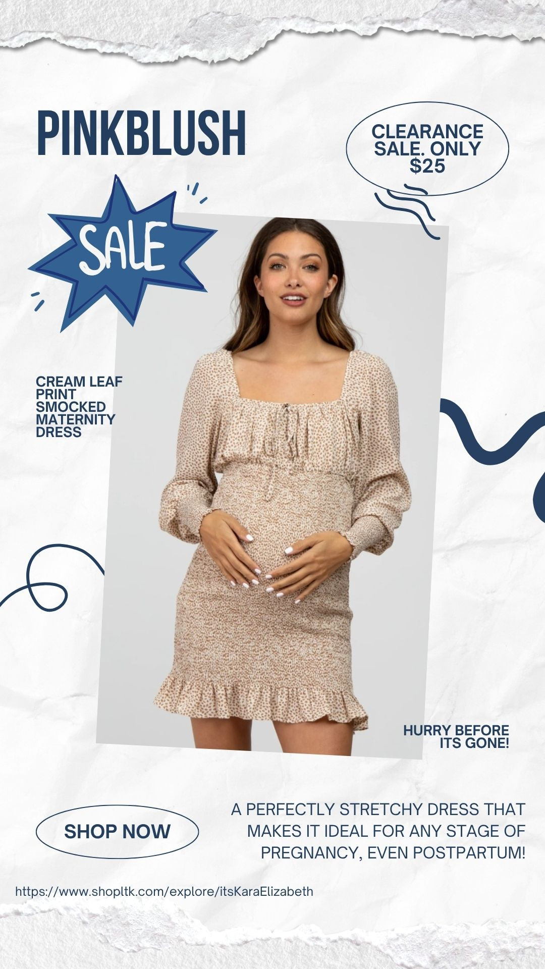 I recently got this PinkBlush Cream Leaf Print Smocked Maternity Dress that is just absolutely so cute! It's super-stretchy material makes it perfect for any stage of pregnancy and even postpartum. My favorite part is the ruffle detailing on the back of the skirt. The square neckline is also extremely flattering, and the back makes your booty look extra good. This dress is about to become a staple in my closet. The best part? Right now it is on clearance for only $25! So make sure to get it before it's gone!  

 #LTKSaleAlert #LTKFindsUnder50 #LTKBump