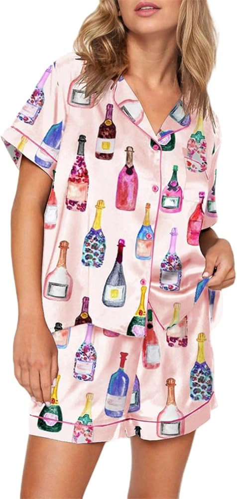 Women Satin Pajamas Shorts Sets Y2k Silk PJs 2 Piece Outfits Collar Long Sleeve Button Down Shirt... | Amazon (US)