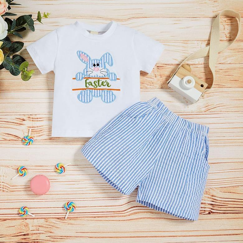 Baby Girl Boy Easter Outfits Infant Bunny Pattern Romper T-Shirt Blue Stripes Pants Toddler Famil... | Amazon (US)