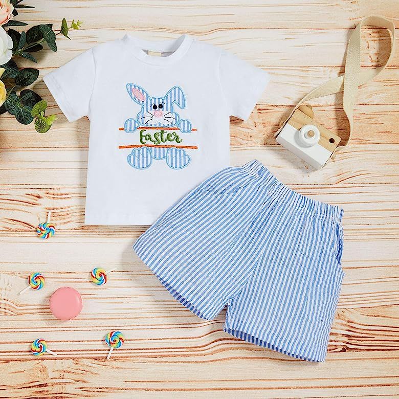 Baby Girl Boy Easter Outfits Infant Bunny Pattern Romper T-Shirt Blue Stripes Pants Toddler Famil... | Amazon (US)
