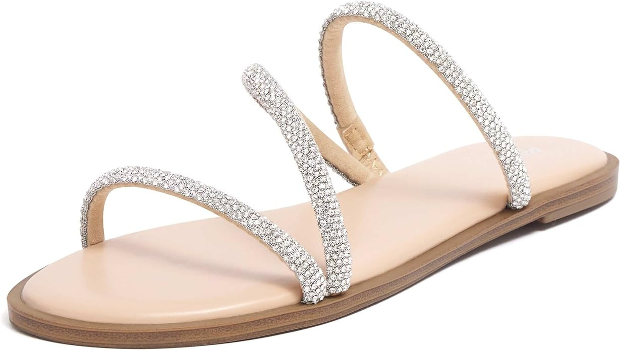 REDTOP Women's Rhinestone Flat Sandals Slip on Open Toe Memory Foam Sandals Slide Sandals for Wom... | Amazon (US)