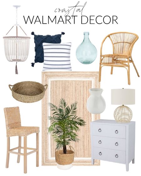 Lots of great affordable home décor pieces from Walmart!  Items include a neutral area rug, a rattan barstool, a rattan dining chair, a woven table lamp, a blue glass vase, a white ceramic vase, a blue tufted decorative pillow, a blue and white striped pillow, a rattan counter stool, a beaded pendant chandelier, a faux palm tree, a woven tray.

look for less home, designer inspired, beach house look, walmart haul, walmart must haves, area rug walmart, home decor, Walmart finds, Walmart home decor, Walmart bedroom, Walmart décor, Walmart home finds, walmart chairs, Walmart table lamps, walmart rugs, simple decor, dining chairs, accent chairs, abstract wall art, art for home, canvas wall art, living room decor, bedroom inspiration, couch throws, neutral design, bedroom area rug, dining room rug, simple decor, coastal decorating, coastal design, coastal inspiration #ltkfamily 

#LTKSeasonal #LTKstyletip #LTKunder50 #LTKunder100 #LTKhome #LTKsalealert #LTKhome #LTKsalealert #LTKunder100