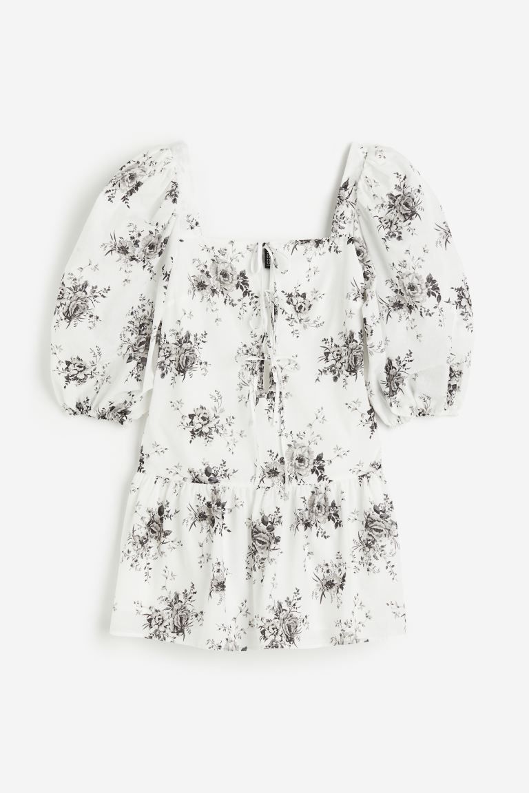 Puff-sleeved Poplin Dress - White/floral - Ladies | H&M US | H&M (US + CA)