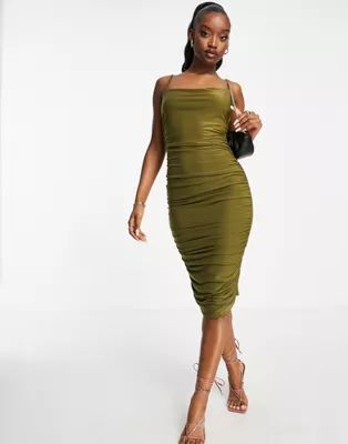 Femme Luxe ruched body-conscious midi dress in olive | ASOS (Global)