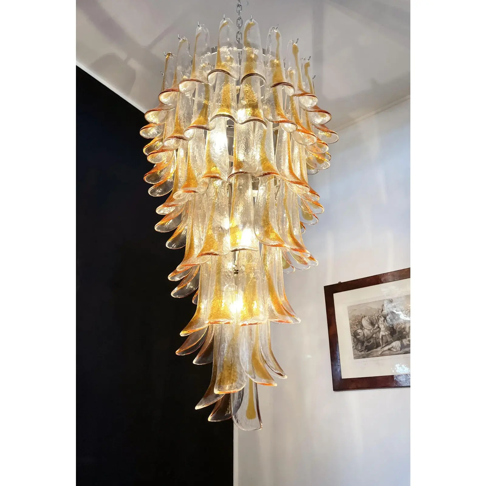Italian Murano Glass Spiral Chandelier, 83 Amber and Crystal Petals | Chairish
