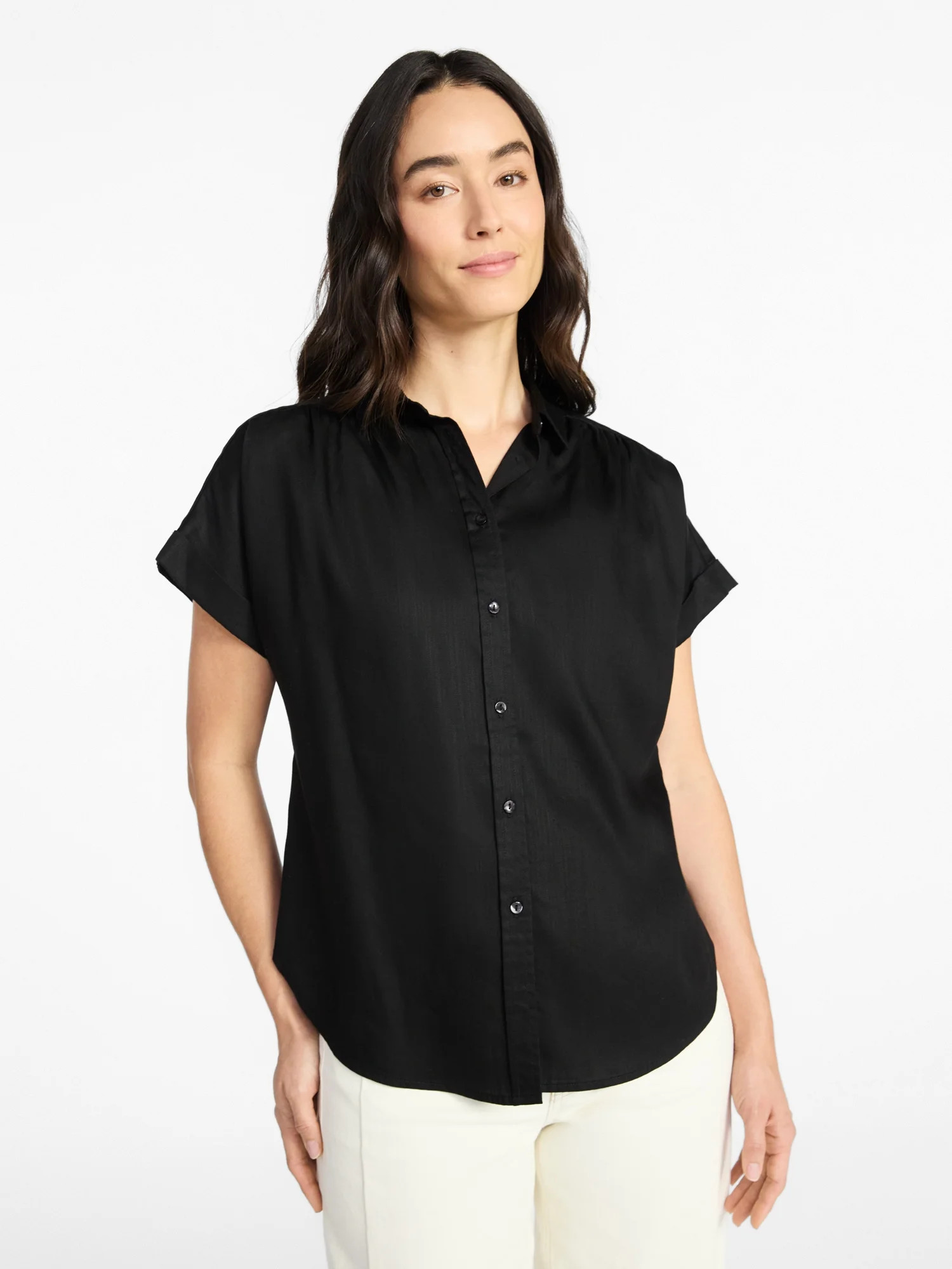 Time and Tru Women's Chambray Camp Shirt with Short Sleeves, Sizes XS-XXXL | Walmart (US)