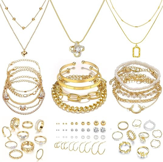 IFKM 36 PC Gold Plated Jewelry Set with 4 Necklace, 11 Bracelet, 7 Ear Cuffs Earring, 14 Knuckle ... | Amazon (US)