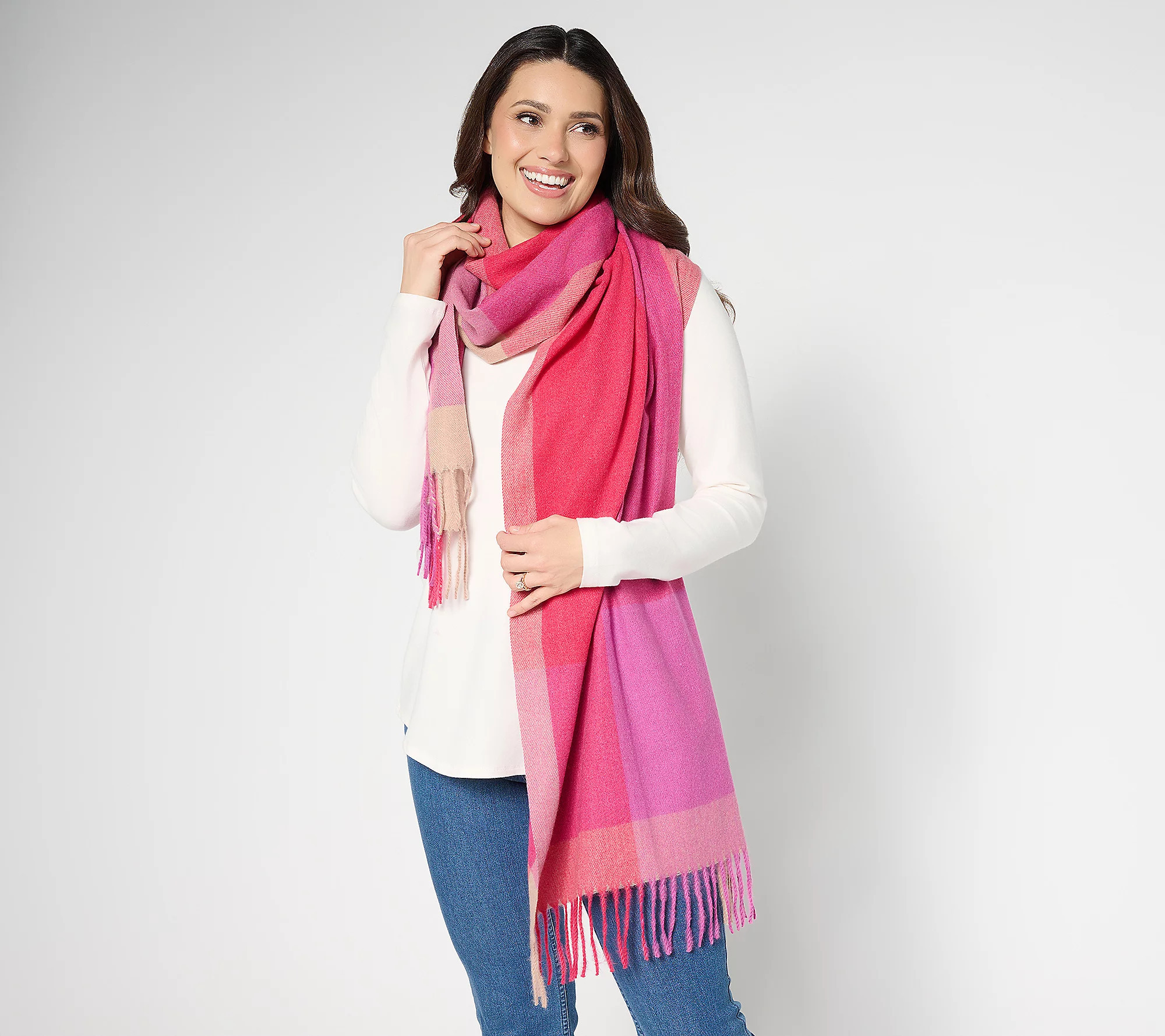 Belle by Kim Gravel Color Block Check Scarf with Fringe | QVC