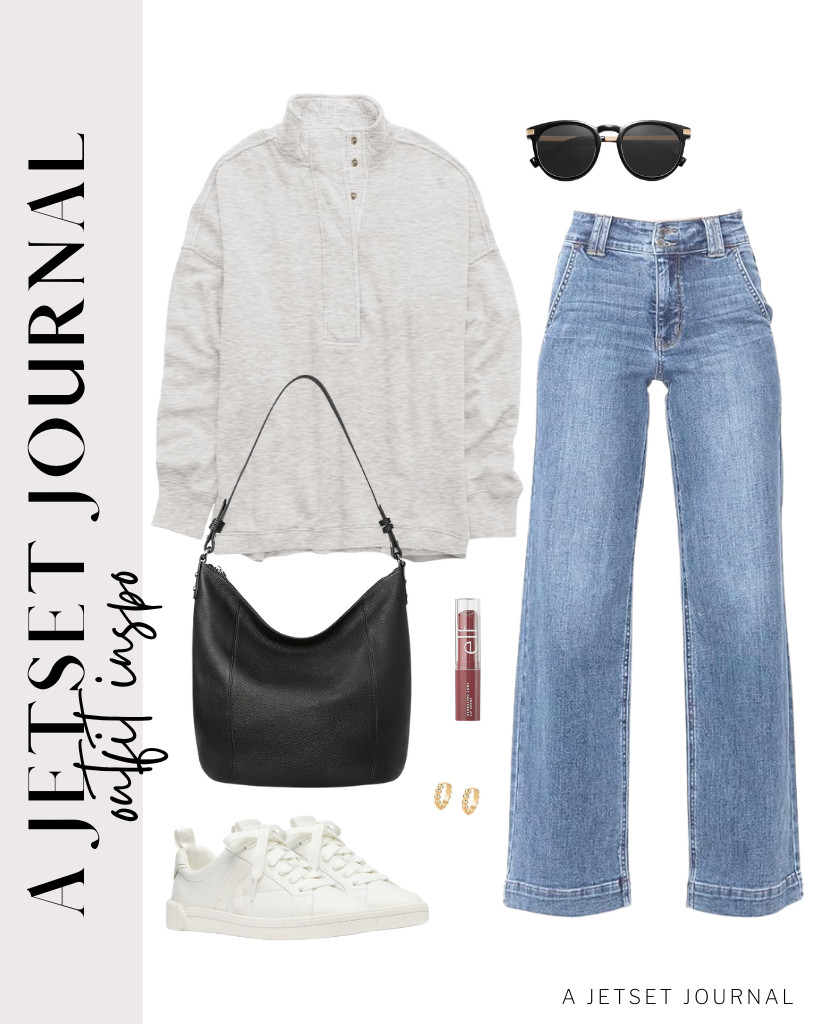 I’m choosing a black Iswee bag for this pair of light gray, loose-fit sweater and high-waisted jeans. It also vibes with Kate Spade New York court sneakers (I love these!). Finish the outfit with SOJOS polarized sunglasses. 

 #LTKSeasonal #LTKSaleAlert #LTKTravel
