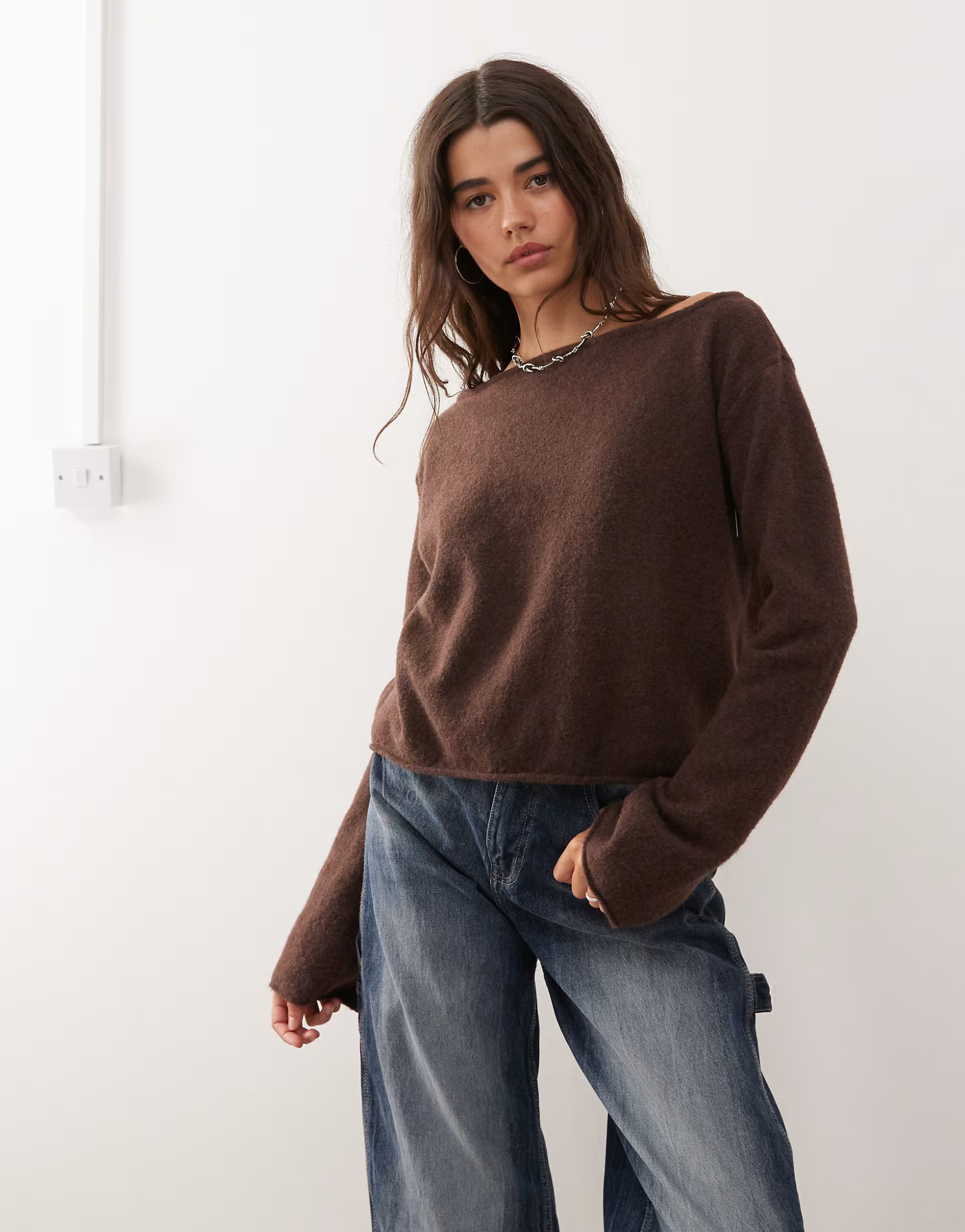 Monki knitted jumper with flared sleeves in dark brown | ASOS (Global)