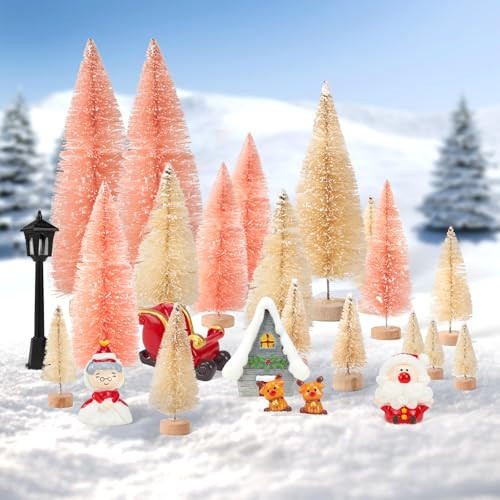 FARBCLUB 19PCS Mini Christmas Trees - Artificial Christmas Tree Bottle Brush Trees with Christmas Figurines, Small Christmas Tree with Wood Base for Christmas Decor Table Craft (Pink, White) | Amazon (US)