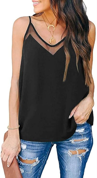 Women Summer Cami Top Sexy V Neck Sleeveless Adjustable Strappy Strap Mesh Cami Tank Top Loose Ca... | Amazon (US)