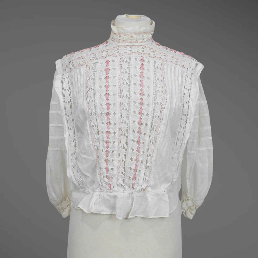 Antique White Cotton Lace Blouse, 1900s Edwardian Blouse, Embroidered Eyelet Cutouts With Ribbon,... | Etsy (US)