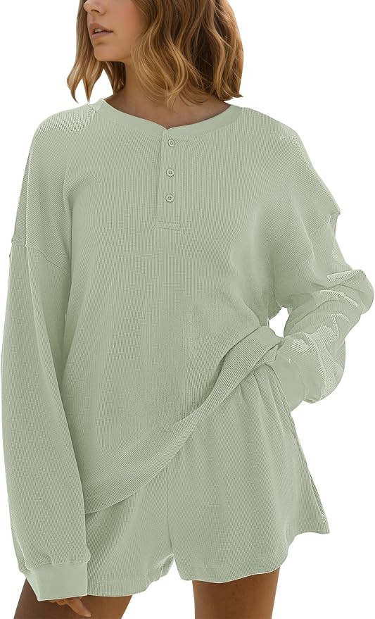 MISSACTIVER Waffle Knit Lounge Sets for Women Long Sleeve Oversized Sweatshirt Elastic Waist Shor... | Amazon (US)