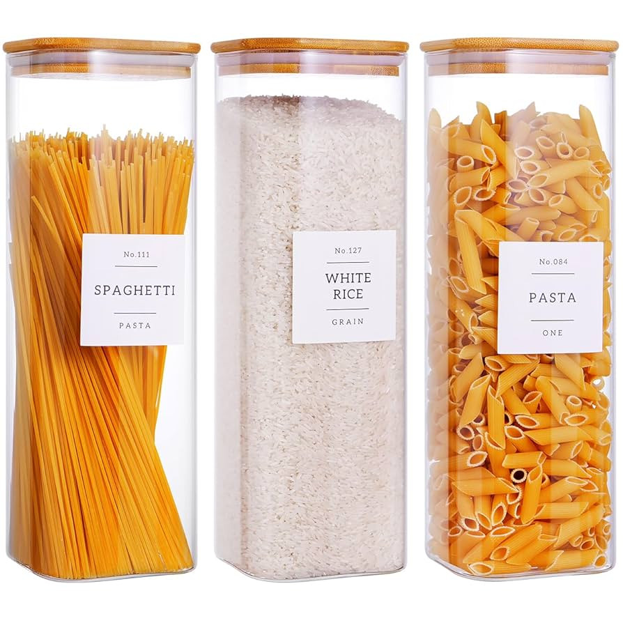 3 Pack Square Glass Kitchen Storage Jars with Airtight Bamboo Lids and 132 Pantry Labels - 80oz G... | Amazon (US)