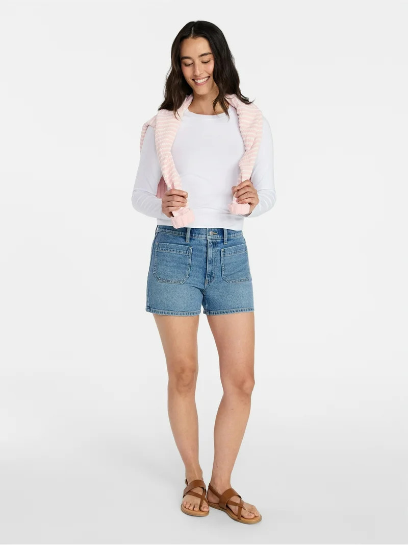 Time and Tru Women's High Rise Patch Pocket Denim Shorts, 4" Inseam, Sizes 0-20 | Walmart (US)