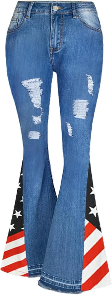 70SFUSION Women's High Waisted Ripped American Flag Bell Bottom Jeans with Frayed Raw Hem – Cas... | Amazon (US)