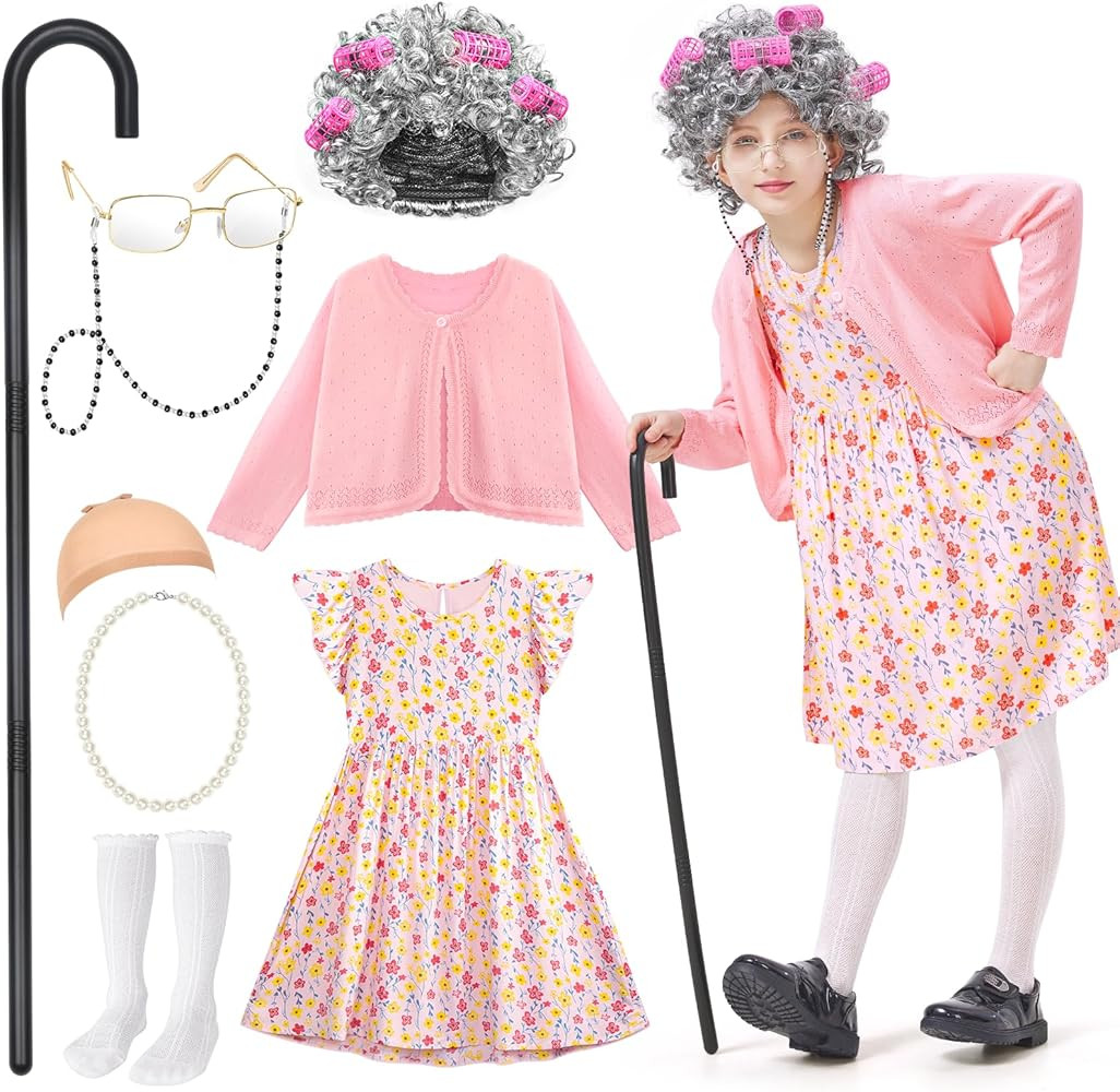 Jeowoqao Old Lady Costume for Kids，100 Days of School Costume Girls Old Lady Granny Grandma Dre... | Amazon (US)