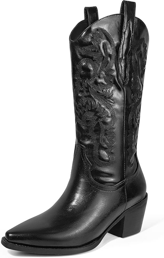Women's Cowgirl Embroidered Mid-Calf Western Boots, Pointed Toe Medium Block Chunky Heel 6cm Stit... | Amazon (US)