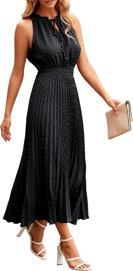 PRETTYGARDEN Women's Midi Summer Dresses Casual V Neck Swiss Dot Ruffle Sleeveless A Line Beach S... | Amazon (US)