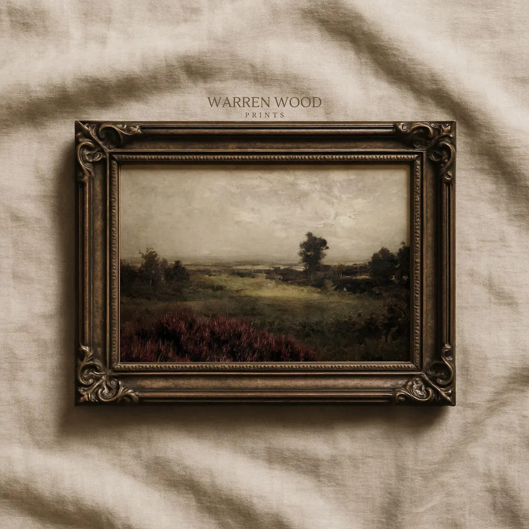 Moody Rolling Hills Painting, Dark Vintage Landscape Print, Purple Heather Countryside Art, Rusti... | Etsy (US)