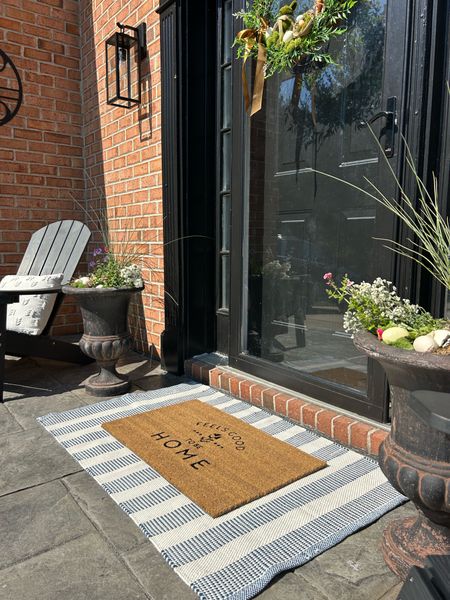 Spring outdoor door mat
Feels good to be home rectangular outdoor mat threshold

Blue and white striped outdoor rug
Hand Made Woven outdoor rug striped ivory blue designed with studio McGee
Outdoor porch decor
Outdoor patio decor
Spring outdoor rug
Target 

#LTKstyletip #LTKSeasonal #LTKhome
