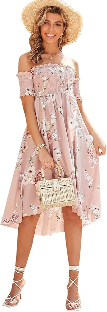 Romwe Women's Casual Floral Print Off Shoulder Trumpet Sleeve Swing Dress | Amazon (US)