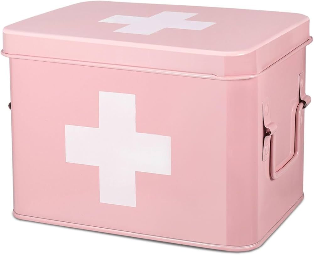 Flexzion First Aid Box Organizer, Empty 8.5 Inch Pink Vintage First Aid Kit Tin Metal Medical Box... | Amazon (US)