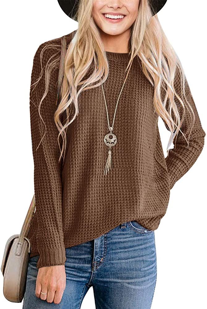 Women's Long Sleeve Waffle Knit Sweater Crew Neck Solid Color Pullover Jumper Tops | Amazon (US)