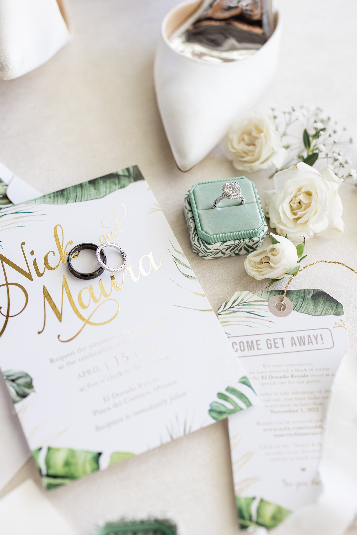 Destination Wedding Details 💍🌴✨

These custom made wedding invitations with greenery, tropical leaves, and gold foil accents were perfect for our destination wedding in Mexico! We even had the accommodation details printed on a luggage tag to go along with the theme. We had the envelopes lined with the matching tropical print. 

This personalized wedding invitation set matched our “Save the Date” stationary. The “Save the Date” card was modeled after a boarding pass to match the destination wedding theme. It also had white, greenery, and gold foil to match our wedding color scheme. Our “Save the Date” envelopes were lined with a map that also had gold foil. 

Wedding stationery, wedding invitations, wedding envelopes, wedding save the dates, destination wedding, Mexico wedding, beach wedding, boarding pass save the date, passport wedding invitation, wedding menu, green wedding, white wedding, gold wedding, tropical wedding, wedding itinerary, wedding rsvp cards, wedding cards, wedding thank you cards, wedding seating arrangements, escort cards, table numbers, program fans, welcome party, Etsy, custom wedding invitations, personalized wedding invitations, wedding shoes, wedding heels, white heels, satin heels, bridal heels, bridal shoes, ring box, wedding invites, wedding details, bridal party invites 

#LTKparties #LTKwedding #LTKtravel