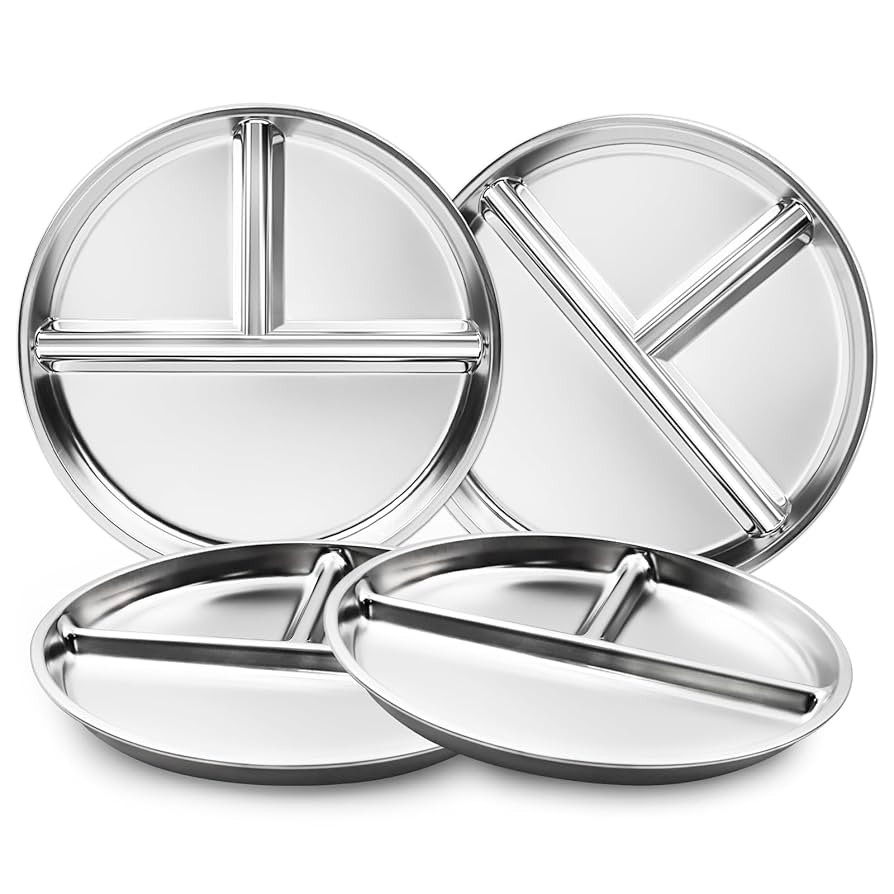 Stainless Steel Kids Plates Set of 4, 9" Portion Control Plates Divided Plate for Adults Toddlers... | Amazon (US)