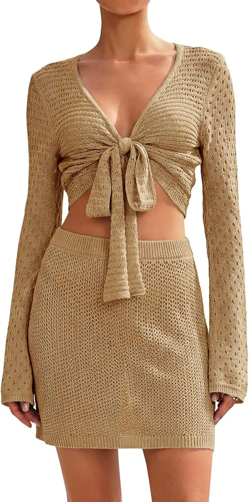 Saodimallsu Womens Crochet Swim Cover Up 2 Piece V Neck Long Sleeve Wrap Tie Crop Tops Beach Boho... | Amazon (US)