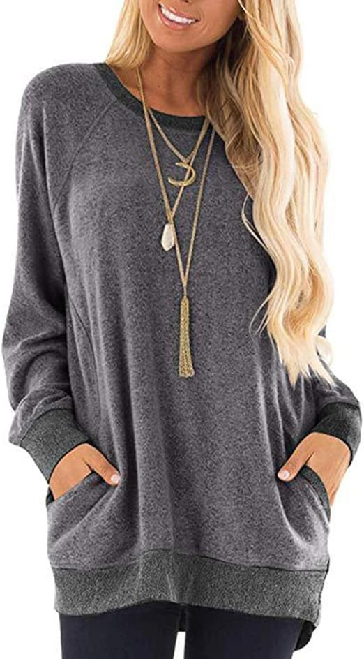 Womens Color Block Long Sleeve Shirt Round Neck Pocket Pullover Casual Tunic Sweatshirts Tops | Amazon (US)