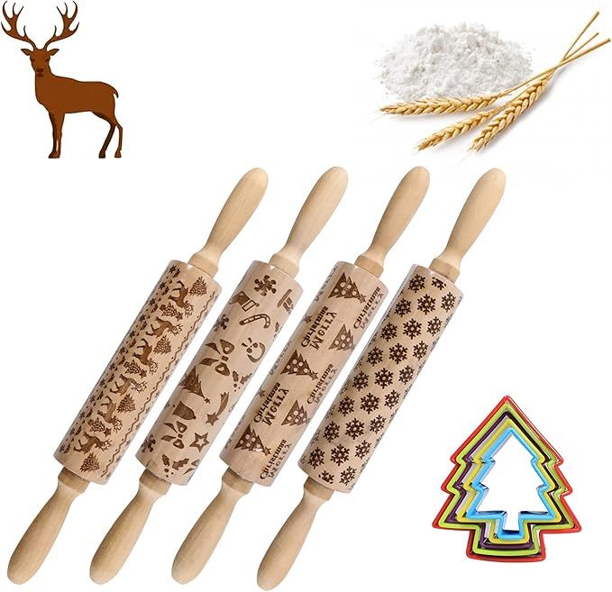 Christmas Wooden 3D Rolling Pins Embossed, Embossing Rolling Pin with Engraved Christmas Themed S... | Amazon (US)