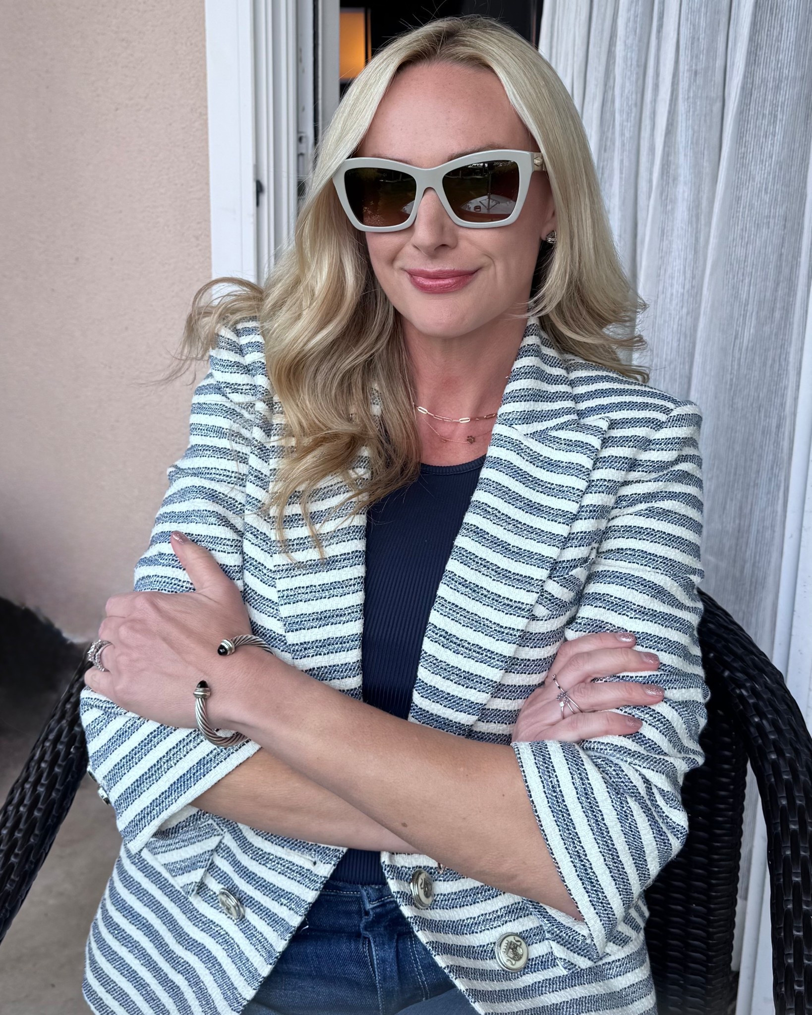 Frame Friday! Polished with a pop 🕶️ A striped blazer instantly elevates denim. Perfect for meetings, lunch dates, or travel days when you want effortless sophistication. Plus, these Jimmy Choo sunglasses elevate this business casual look even more! 

striped blazer outfit, business casual chic, elevated denim look, fall outfit idea, polished casual outfit, blazer with jeans, capsule wardrobe, work-from-anywhere style

#LTKOver40 #LTKStyleTip #LTKWorkwear