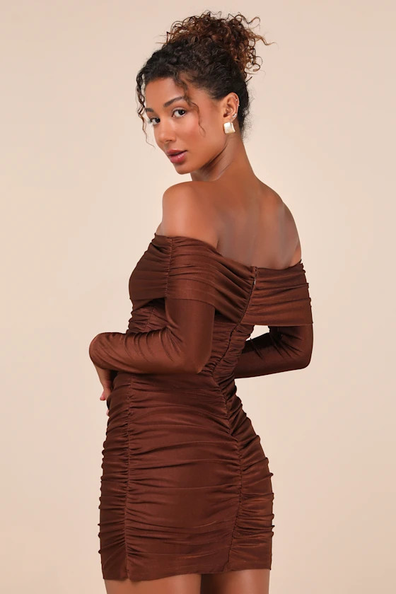 Sultry Influence Dark Brown Off-the-Shoulder Ruched Mini Dress | Lulus