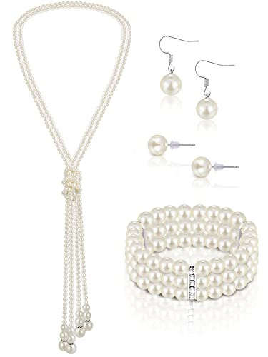 Pearl Jewelry Set for Girls Women Faux Pearl Necklace Bracelet Earrings Set Pearl Necklace Earrin... | Amazon (US)