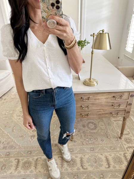 My top is on sale at J.Crew Factory - perfect for spring and summer! Jeans are also on sale right now!

fashion home white eyelet top distressed jeans sneakers classic coastal abercrombie gola wayfair target 

#LTKsalealert #LTKhome #LTKunder100