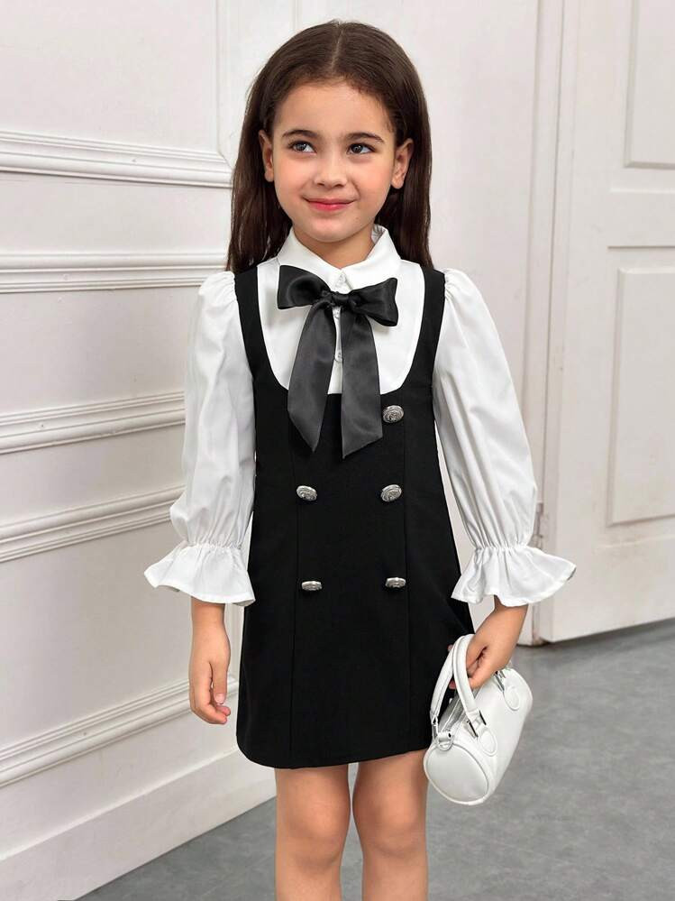 Young Girl Casual Simplistic Comfortable Collared Puff Sleeve Color Block Patchwork Dress Fall Winter | SHEIN