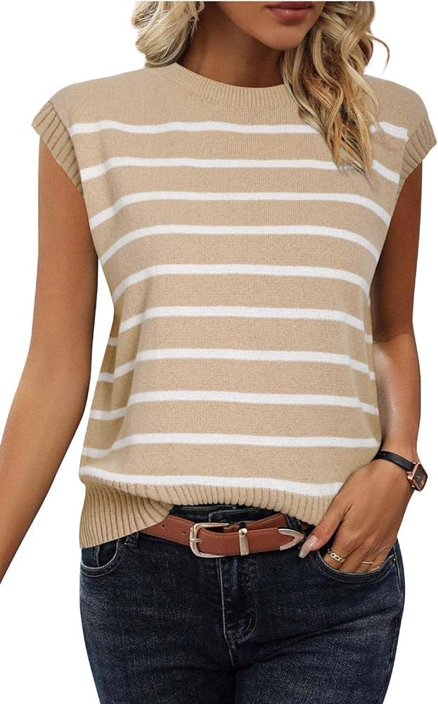 Arach&Cloz Womens Spring Summer 2024 Sweater Vest Cap Sleeve Crew Neck Striped Fashion Casual Sle... | Amazon (US)