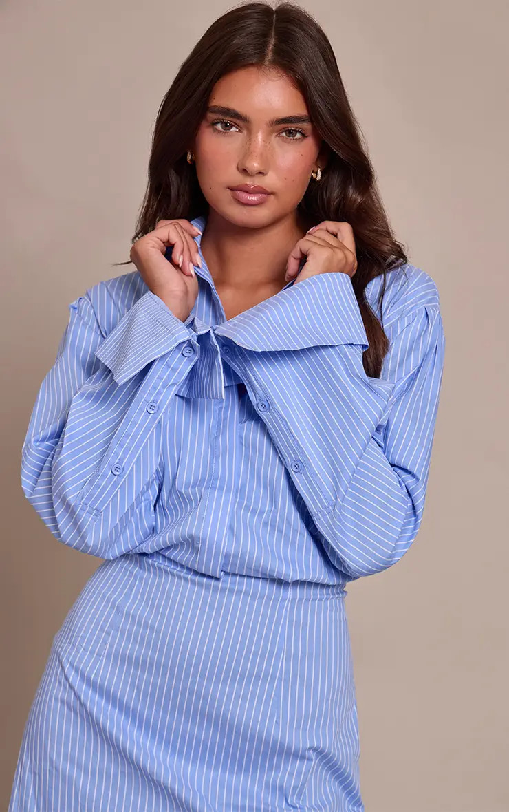 Blue PrettyLittleThing Pinstripe Button Down Shirt Dress | Boohoo USA | boohoo (US & Canada)