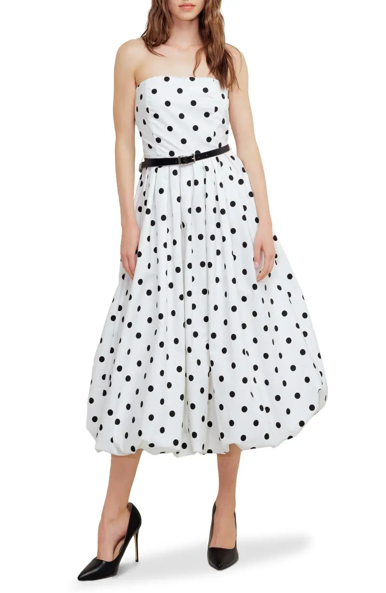 Polka Dot Pleated Strapless Belted Bubble Hem Cotton Midi Dress | Nordstrom